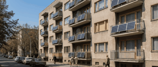 Mehrfamilienhaus mit Balkonkraftwerken an mehreren Balkonen, gefördert mit einem Zuschuss der Stadt.